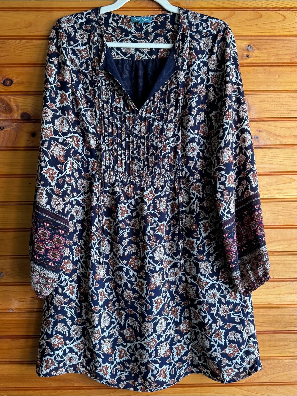 Fleur Bleue Boho Floral Dress 6 Pintuck Border Print Peasant Folk Bohemian